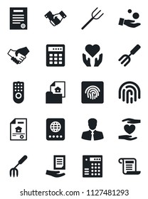 Set of vector isolated black icon - passport vector, handshake, document, garden fork, farm, heart hand, client, fingerprint id, contract, estate, remote control, combination lock, investment