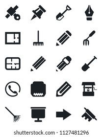 Set of vector isolated black icon - right arrow vector, pencil, garden fork, shovel, rake, well, satellite, hdmi, presentation board, drawing pin, ink pen, plan, phone, rolling