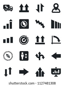 Set of vector isolated black icon - elevator vector, right arrow, left, growth statistic, crisis graph, route, navigation, up side sign, sorting, data exchange, compass, moving, target, presentation