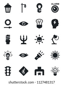 Set of vector isolated black icon - sun vector, brainstorm, bulb, garden light, eye, traffic, torch, brightness, desk lamp, fireplace, candle, smoke detector, energy saving, alarm led, idea
