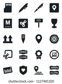 Set of vector isolated black icon - no laptop vector, pen, stamp, plant label, heart shield, navigation, pin, fragile, up side sign, barcode, sd, cut, place tag, sertificate, menu, open close