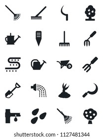 Set of vector isolated black icon - garden fork vector, shovel, rake, watering can, wheelbarrow, sproute, sickle, plant label, seeds, drip irrigation, fruit tree