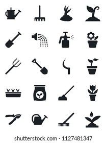 Set of vector isolated black icon - job vector, flower in pot, shovel, farm fork, rake, seedling, watering can, sproute, pruner, hoe, sickle, garden sprayer, fertilizer, irrigation