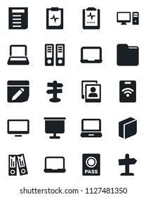 Set of vector isolated black icon - passport vector, office binder, notebook pc, document, pulse clipboard, signpost, monitor, laptop, folder, notes, photo gallery, presentation board, blank box