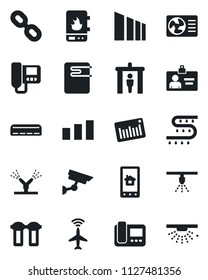 Set of vector isolated black icon - plane radar vector, security gate, identity card, drip irrigation, sorting, barcode, chain, air conditioner, water heater, intercome, home control app, filter