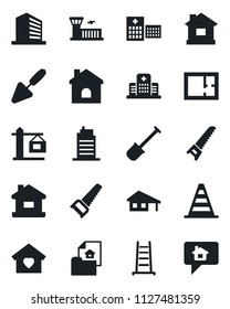 Set of vector isolated black icon - border cone vector, airport building, office, trowel, shovel, ladder, saw, house, hospital, with garage, plan, estate document, sweet home, city, crane, message