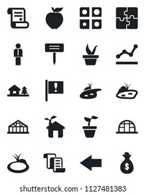 Set of vector isolated black icon - left arrow vector, manager, contract, seedling, plant label, greenhouse, pond, important flag, application, point graph, house with tree, apple fruit, eco