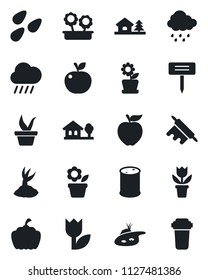 Set of vector isolated black icon - flower in pot vector, seedling, sproute, rain, plant label, pumpkin, seeds, tulip, oil barrel, house with tree, pond, rolling pin, apple fruit, water filter