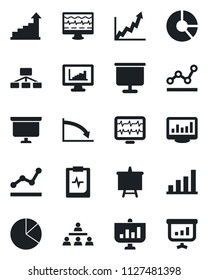 Set of vector isolated black icon - growth statistic vector, presentation board, circle chart, monitor pulse, clipboard, statistics, bar graph, pie, point, hierarchy, crisis