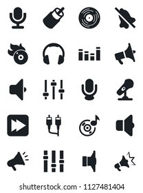 Set of vector isolated black icon - vinyl vector, flame disk, microphone, speaker, loudspeaker, settings, equalizer, headphones, fast forward, rca, tuning, mute, music, sound, advertising