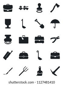 Set of vector isolated black icon - suitcase vector, stamp, baggage larry, job, farm fork, pruner, axe, scalpel, fragile, umbrella, themes, case, ladle, hard work