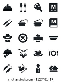 Set of vector isolated black icon - spoon and fork vector, waiter, dish, restaurant table, cafe, menu, dress code, chicken, kebab, ham, bowl, steaming pan, sushi, serviette