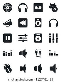Set of vector isolated black icon - vinyl vector, flame disk, speaker, loudspeaker, settings, equalizer, headphones, pause button, rewind, rca, tuning, record, sound