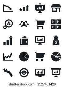 Set of vector isolated black icon - shop vector, checkroom, growth statistic, money bag, crisis graph, monitor statistics, pie, hr, target, consumer search, arrow up, wallet, cart, presentation