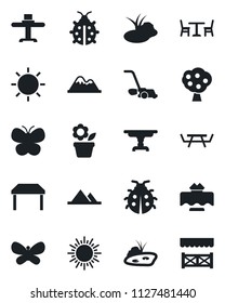 Set of vector isolated black icon - cafe vector, sun, flower in pot, lawn mower, butterfly, lady bug, pond, picnic table, fruit tree, mountains, restaurant, alcove