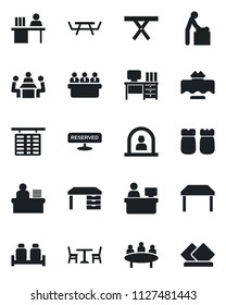 Set of vector isolated black icon - cafe vector, baby room, reception, flight table, desk, meeting, manager place, picnic, restaurant, reserved, salt and pepper, serviette