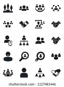 Set of vector isolated black icon - handshake vector, hierarchy, pedestal, patient, group, user, company, hr, meeting, client search, consumer