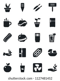 Set of vector isolated black icon - hot cup vector, seedling, plant label, diet, fridge, drink, phyto bar, salad, bacon, kebab, dog, apple fruit, fan, palm sproute