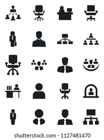 Set of vector isolated black icon - reception vector, manager, office chair, place, client, user, company, desk, hierarchy, estate agent, group