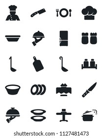 Set of vector isolated black icon - fridge vector, cook, restaurant table, cafe, hat, plates, waiter, salt and pepper, ladle, bowl, cutting board, knife, steaming pan