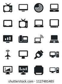 Set of vector isolated black icon - plane radar vector, wireless notebook, pc, statistic monitor, tv, laptop, hdmi, statistics, intercome