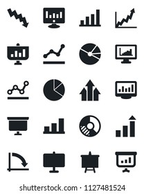 Set of vector isolated black icon - growth statistic vector, presentation board, crisis graph, monitor, circle chart, statistics, bar, pie, point, arrow up