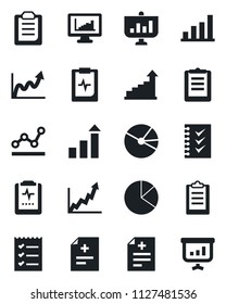 Set of vector isolated black icon - growth statistic vector, diagnosis, pulse clipboard, monitor statistics, bar graph, pie, checklist, point, presentation