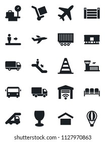 Set of vector isolated black icon - plane vector, airport bus, escalator, waiting area, ladder car, border cone, luggage scales, building, truck trailer, delivery, container, fragile, cargo