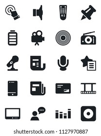 Set of vector isolated black icon - film frame vector, vinyl, microphone, radio, news, speaker, equalizer, tv, video camera, remote control, cell phone, touch screen, favorites list, paper pin, mail