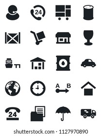 Set of vector isolated black icon - earth vector, store, 24 hours, support, car delivery, clock, sea port, container, consolidated cargo, folder document, fragile, umbrella, warehouse storage, route