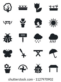 Set of vector isolated black icon - umbrella vector, sun, flower in pot, ripper, tree, butterfly, lady bug, seedling, rain, plant label, picnic table, tulip