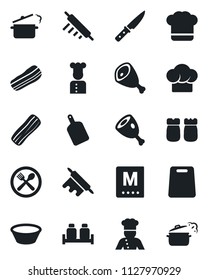 Set of vector isolated black icon - cook vector, cafe, hat, menu, bacon, salt and pepper, ham, bowl, rolling pin, cutting board, knife, steaming pan