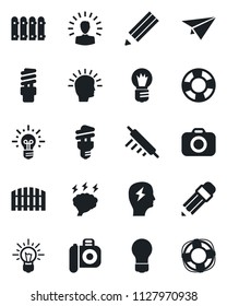 Set of vector isolated black icon - brainstorm vector, bulb, camera, pencil, fence, rolling pin, energy saving, shining head, idea, paper plane, crisis management