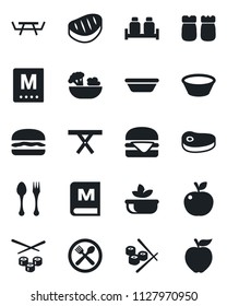 Set of vector isolated black icon - spoon and fork vector, picnic table, cafe, menu, salad, salt pepper, steak, hamburger, bowl, sushi, apple fruit