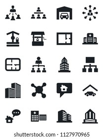 Set of vector isolated black icon - hierarchy vector, well, hospital, molecule, office building, garage, plan, home message