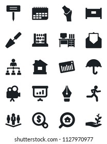 Set of vector isolated black icon - fence vector, hierarchy, abacus, desk, trowel, house, plant label, run, joint, term, umbrella, barcode, video camera, mail, ink pen, company, estate search, money