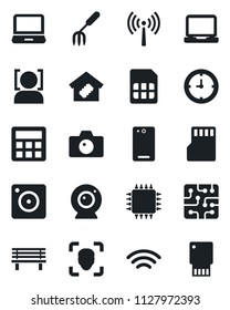 Set of vector isolated black icon - antenna vector, camera, garden fork, bench, clock, laptop pc, phone back, mobile, calculator, sd, sim, wireless, face id, smart home, chip, web, usb flash