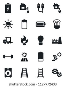 Set of vector isolated black icon - fork loader vector, bulb, ladder, fire, barbell, speaker, battery, low, rca, factory, home control, sun panel, alarm led, gear