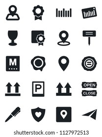 Set of vector isolated black icon - parking vector, pen, stamp, plant label, heart shield, navigation, pin, fragile, up side sign, barcode, place tag, certificate, menu, open close, paper plane