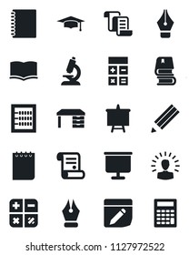 Set of vector isolated black icon - contract vector, book, calculator, graduate, desk, notepad, presentation board, microscope, notes, copybook, abacus, ink pen, pencil, shining head