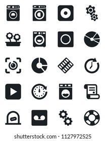 Set of vector isolated black icon - ticket office vector, washer, circle chart, contract, pills blister, play button, rec, record, eye id, pie graph, flower in pot, gear, clock, crisis management