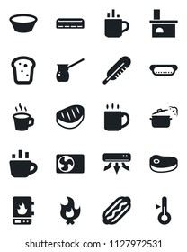 Set of vector isolated black icon - hot cup vector, coffee, fire, fireplace, thermometer, air conditioner, bread, steak, dog, bowl, steaming pan, turkish, water heater