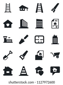 Set of vector isolated black icon - border cone vector, airport building, office, trowel, shovel, ladder, wheelbarrow, saw, house, with garage, plan, estate document, sweet home, city, message