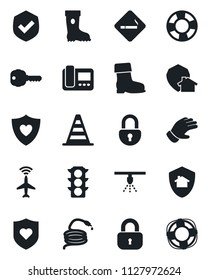 Set of vector isolated black icon - plane radar vector, smoking place, border cone, glove, boot, hose, heart shield, traffic light, lock, key, intercom, home protect, sprinkler, crisis management