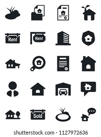 Set of vector isolated black icon - office building vector, house, pond, contract, with garage, tree, estate document, rent, sold signboard, search, agent, insurance, eco, home message