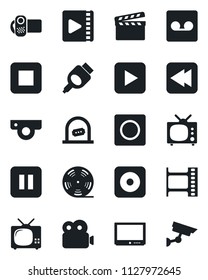 Set of vector isolated black icon - ticket office vector, clapboard, film frame, reel, tv, video camera, play button, pause, stop, rewind, rec, hdmi, record, web, surveillance