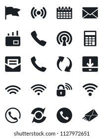 Set of vector isolated black icon - phone vector, mail, calendar, call, update, download, wireless, calculator, lock, flag