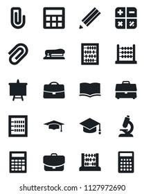 Set of vector isolated black icon - book vector, calculator, graduate, abacus, presentation board, microscope, case, paper clip, pencil, stapler