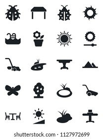 Set of vector isolated black icon - cafe vector, sun, flower in pot, lawn mower, butterfly, lady bug, pond, brightness, pool, fruit tree, mountains, table