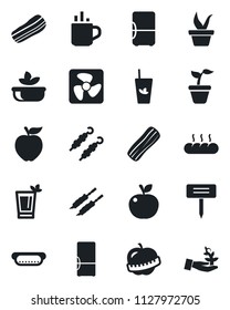 Set of vector isolated black icon - hot cup vector, seedling, plant label, diet, fridge, phyto bar, salad, bacon, bread, kebab, dog, apple fruit, fan, palm sprout
